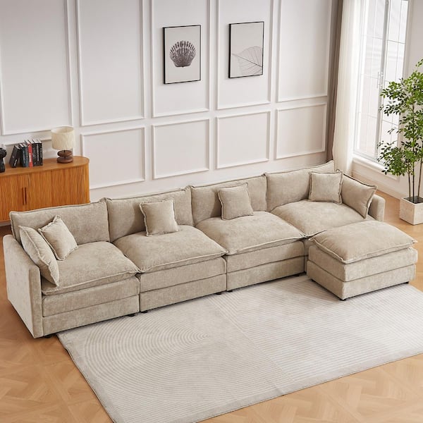 147.2 in. Square Arm L-Shaped Chenille Deluxe Pillow-Styled Modular Sectional Sofa in. Coffee with 1-Ottoman