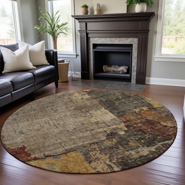 Mayfield Premium Machine Washable Abstract AMF1201 Khaki 8 ft. x 8 ft. Round Rug