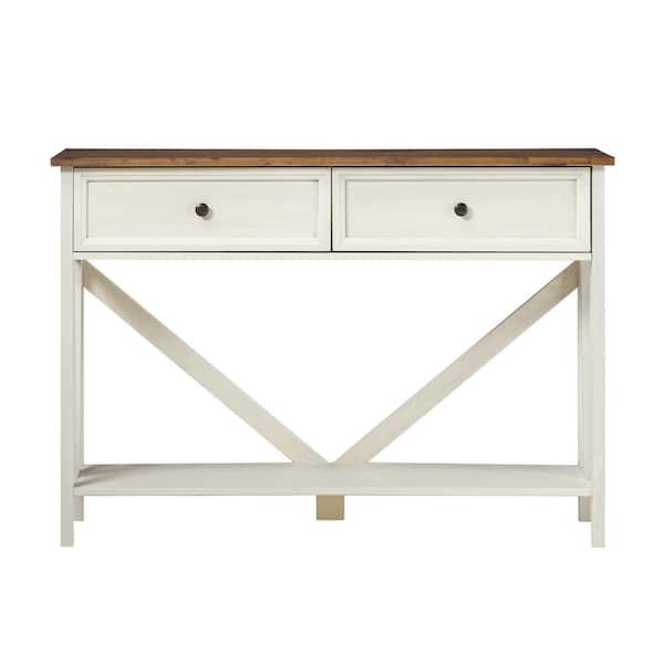 Welwick Designs 48 in. Rustic Oak/White Wash Solid Wood Farmhouse 2-Drawer Console Table with Lower Shelf