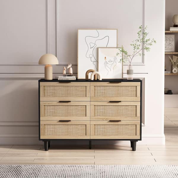 43.31 in. 6-Drawers Rattan Storage Cabinet Rattan Drawer, for Bedroom, Living Room, Black