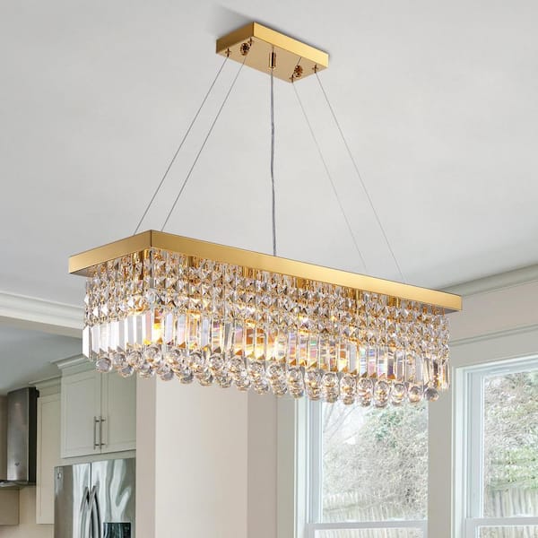 Pacific Core Modern 6-Lights Gold Rectangular Raindrop Crystal Chandelier Pendant Light for Dining Room Kitchen Island with No Bulbs
