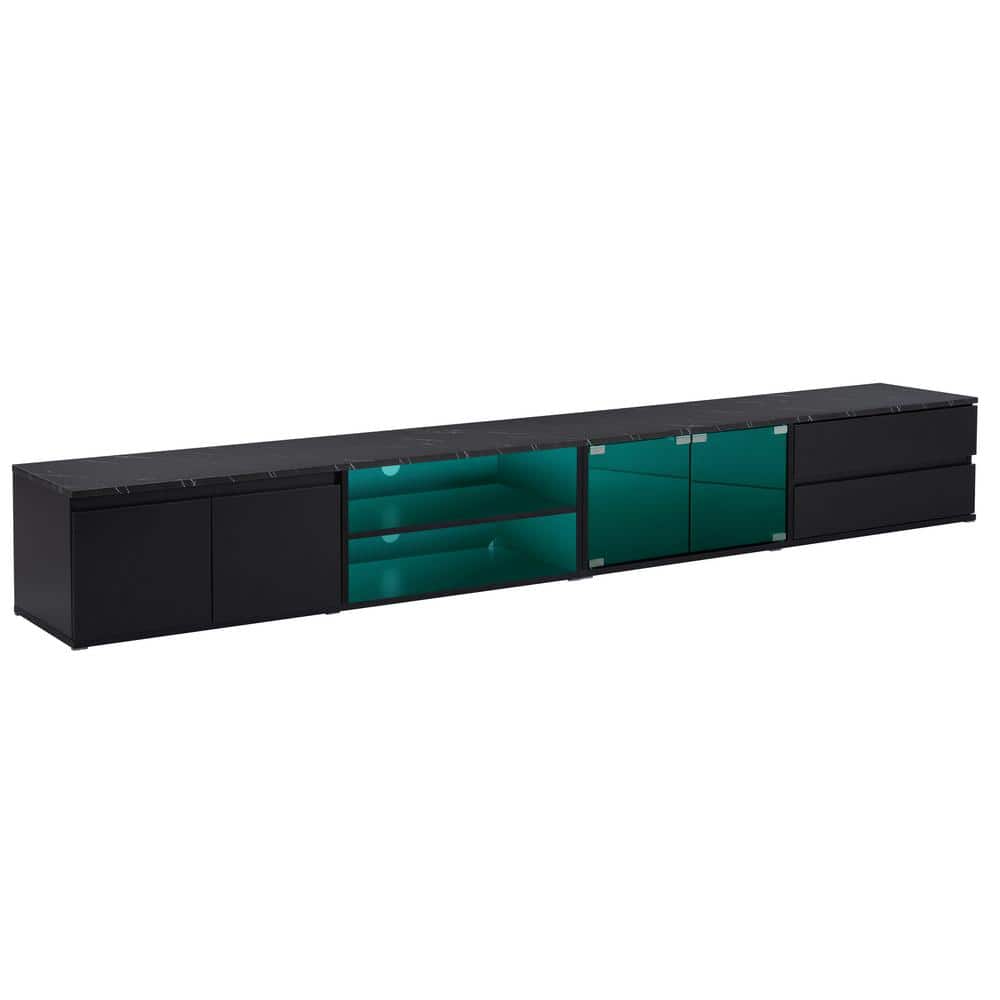 Black LED TV Stand Faux Marble Tabletop Media Console Entertainment Center 