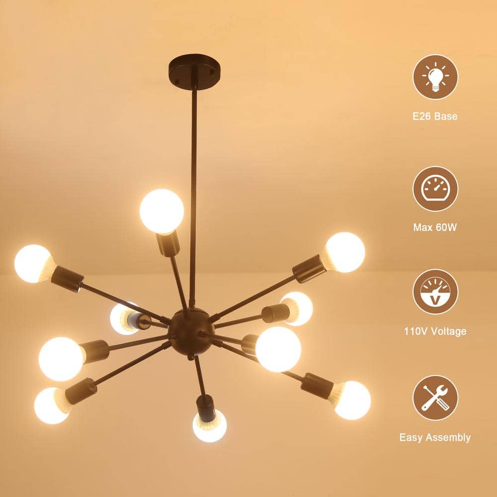 Black Metal 10-Light Sputnik Chandelier with Adjustable Height