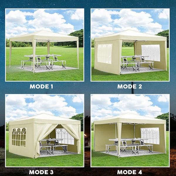 10 ft. x 10 ft. Outdoor EZ Pop Up Canopy Gazebo Folding Garage Portable Tent with 4-Removable Sidewalls, Carry Bag Beige