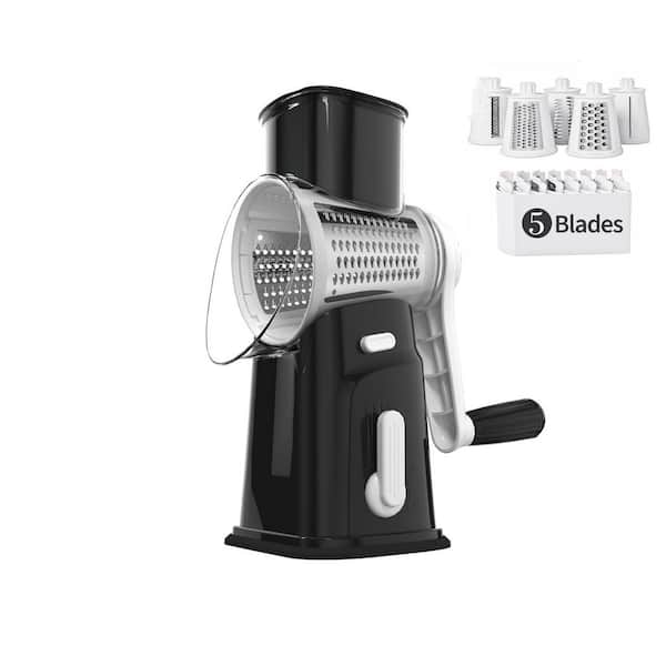 Black Rotary Cheese Grater with 5 Interchangeable Blades, Strong Suction Base for Vegetables, Fruits, Nuts