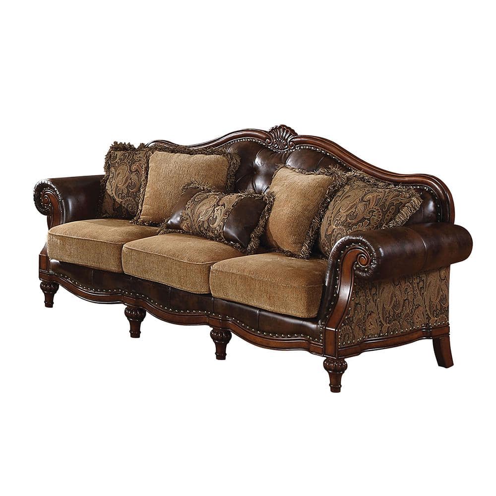 Elegant 95'' Two-Tone Brown Faux Leather & Chenille Sofa with Nailhead Trim