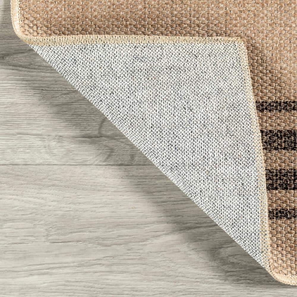 Natural Beige and Brown Striped Synthetic 9' x 12' Washable Area Rug