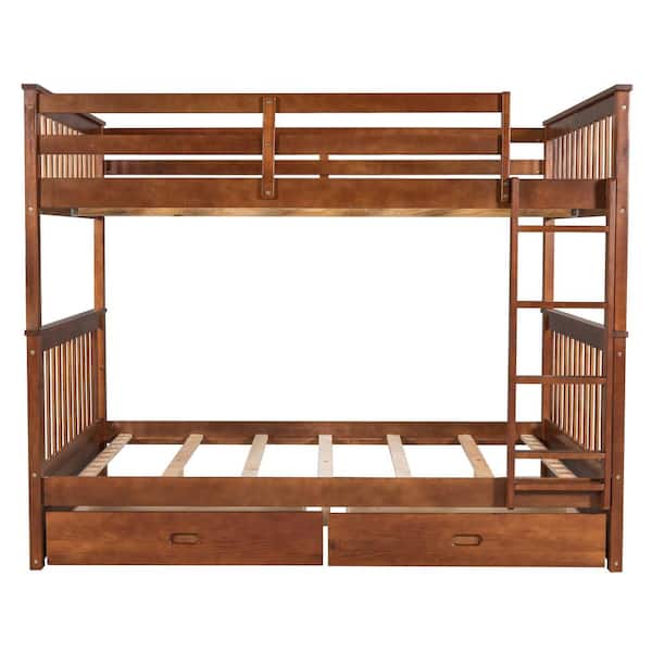 Walnut Full-Over-Full Bunk Bed with Ladders and 2-Storage Drawers