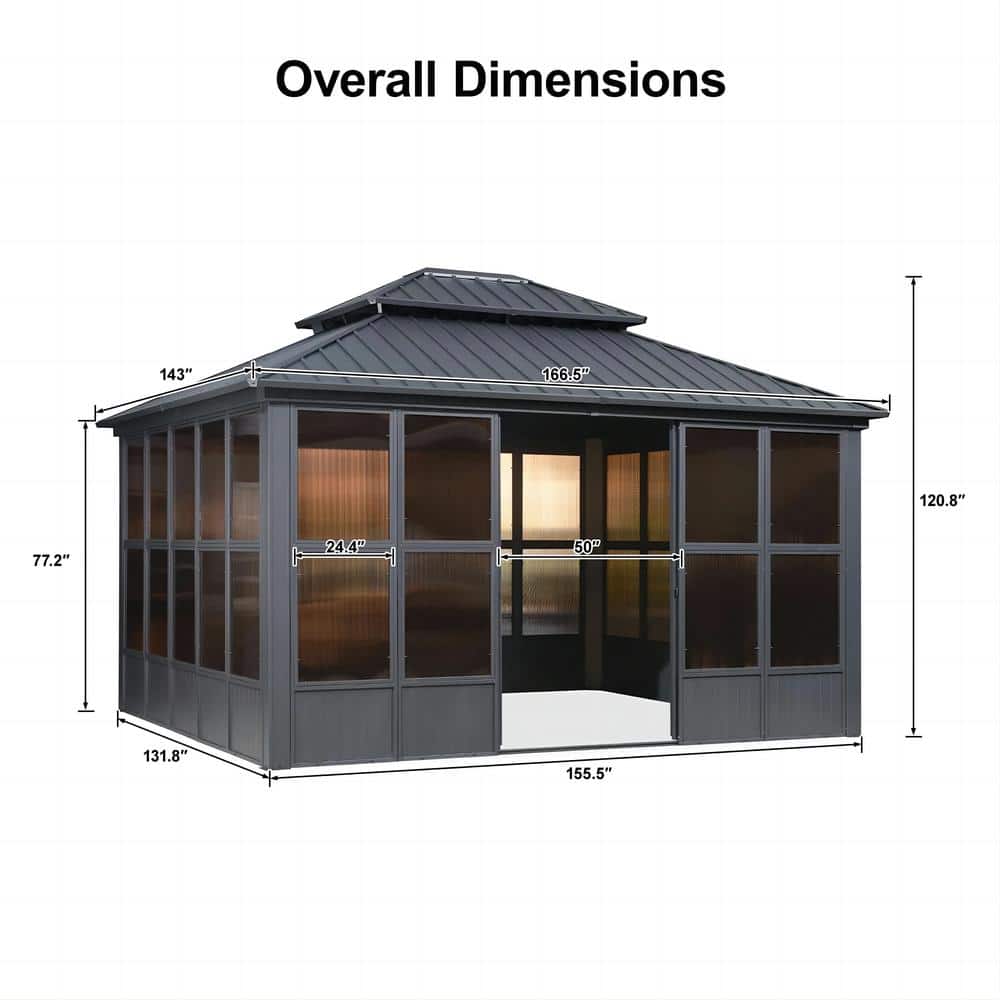 Purple Leaf 12' x 14' Grey Aluminum Hardtop Gazebo with Galvanized Steel Roof