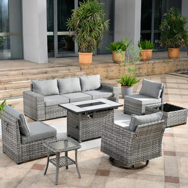 HOOOWOOO Tahoe Grey 9 Piece Wicker Patio Rectangle Fire Pit