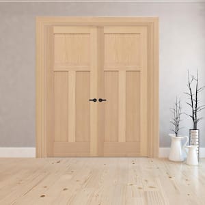 48 in. x 80 in. Universal 3-Pnl Mission Unfinished Red Oak Wood Double Prehung Interior French Door with Nickel Hinges