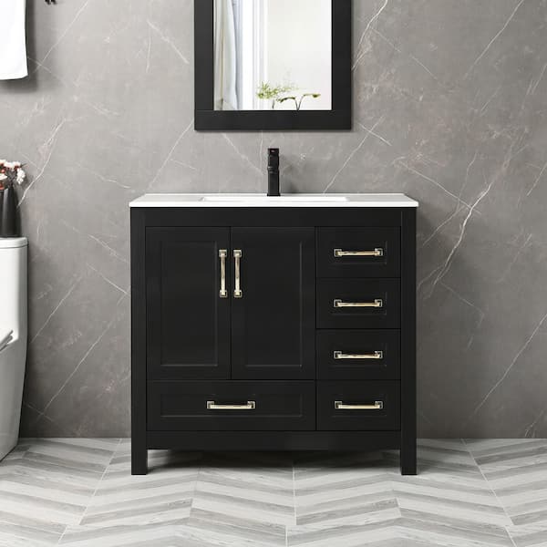 eclife 36 in. W x 18.3 in. D x 34 in. H Single Sink Bath Vanity in Black with White Ceramic Top and Drain Faucet Set