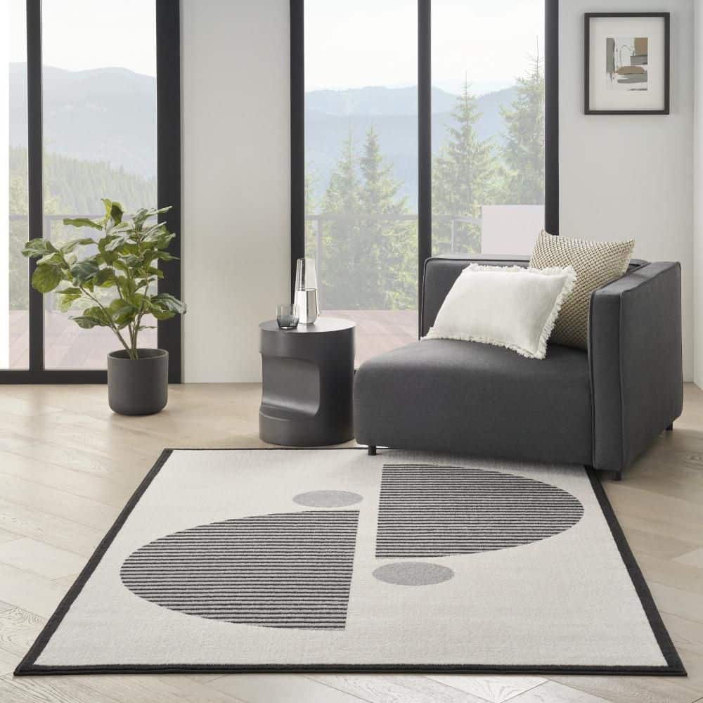 Ivory & Black Geometric 6'x9' Synthetic Easy-Care Rug