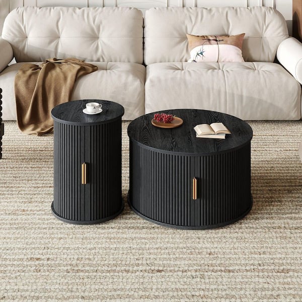 31.4 in. Black Round MDF Coffee Table with Round Fluted End Table with Sliding Tambour Door