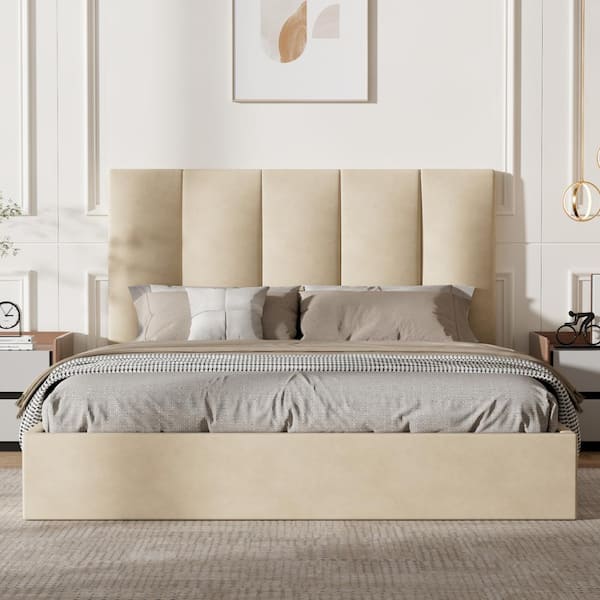 Ahokua Beige Plywood Frame Queen Size Linen Upholstered Platform Bed with Lifting Storage