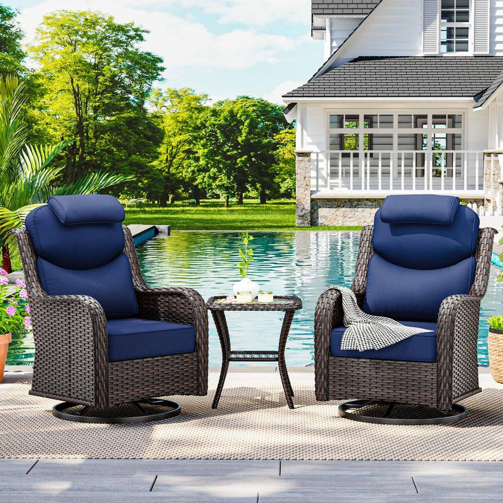 3-Piece Brown Swivel Wicker Outdoor Lounge Chair with Thick Blue Cushions, Detachable Headrest and Side Table price history on PriceWatchPro