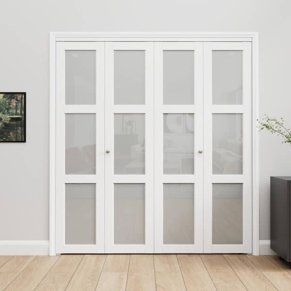 72 in. x 80 in. 3-Lite Tempered Frosted Glass and Solid Core White Finished MDF Closet Bi-Fold Door with Hardware