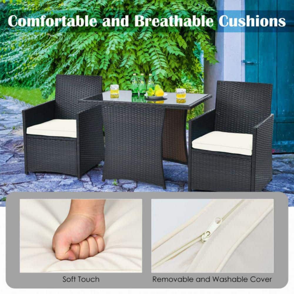 3-Piece Black Steel and Glass Patio Bistro Set with White Cushions