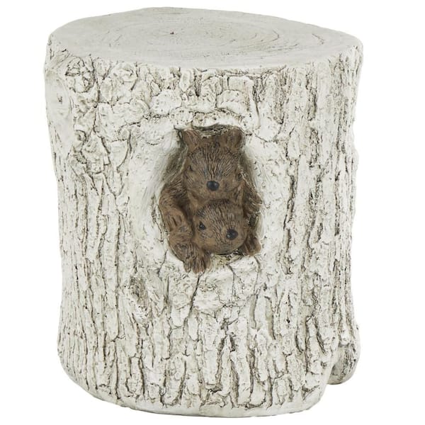 White Magnesium Oxide Ceramic Squirrel Tree Trunk Garden Stool with Brown Accents
