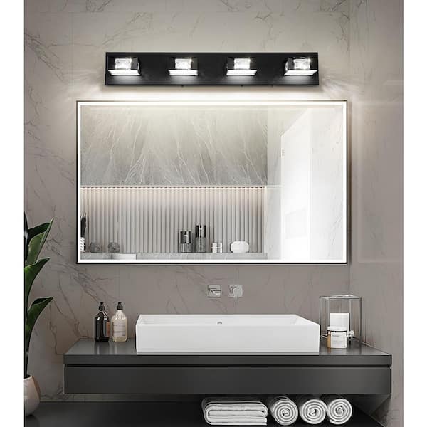27.95 in. Black 4-Light Dimmable Crystal Bathroom Vanity Light with 5-CCT Adjustable Switch and 350° Swivel Range