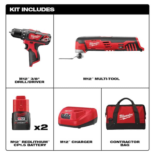 M12 12V Lithium-Ion Cordless Drill Driver/Multi-Tool Combo Kit (2-Tool) with (2) 1.5 Ah Battery and Tool Bag