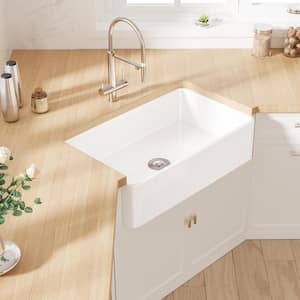 Denbigh 33 in. x 20 in. Farmhouse Apron Single Bowl Kitchen Sink in White Fireclay with Bottom Grid and Basket Strainer