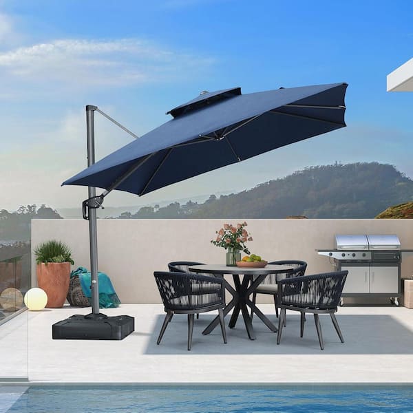 10 ft. Square Sunbrella Double Top Outdoor Aluminum 360° Rotation Cantilever Patio Umbrella in Navy Blue
