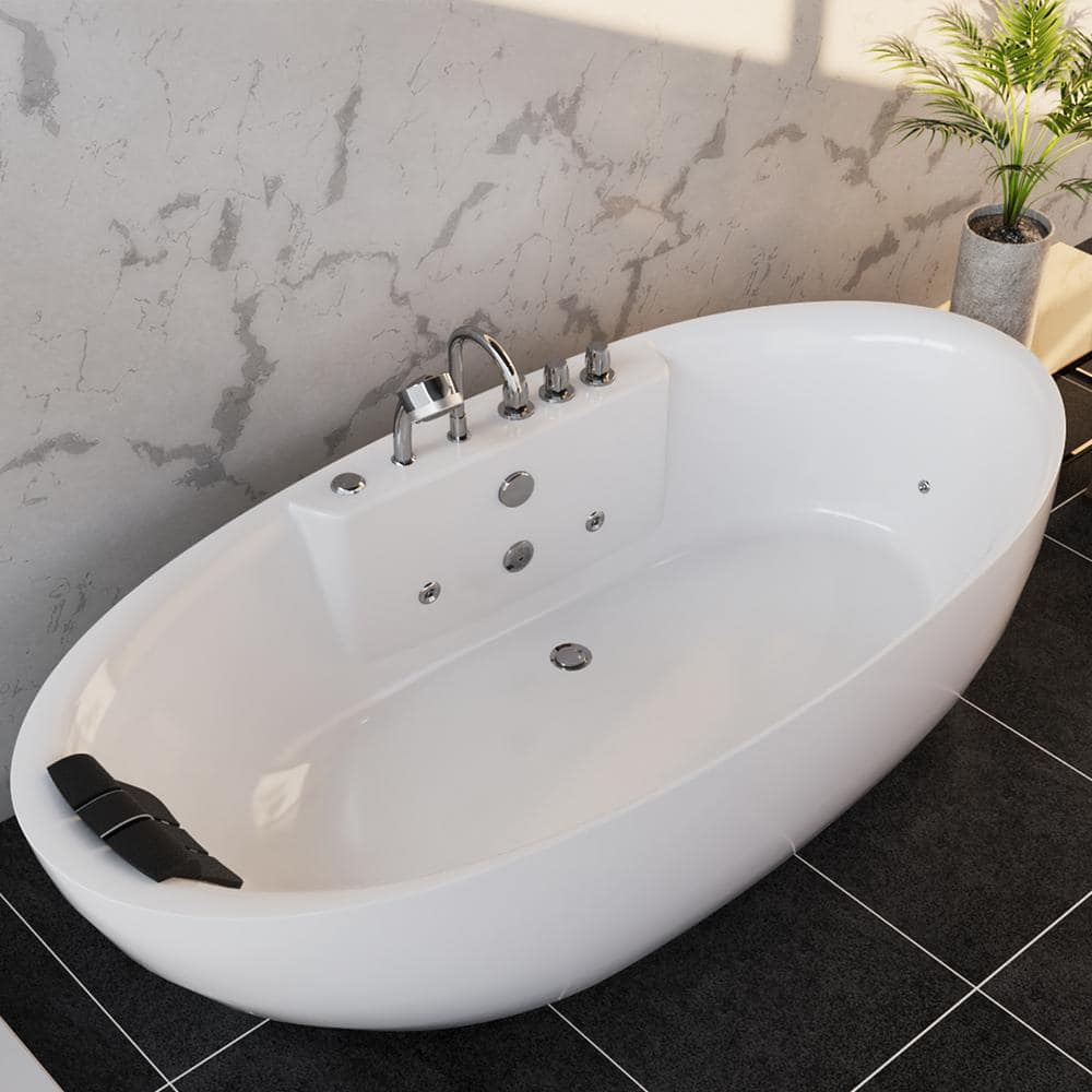 71'' White Acrylic Freestanding Whirlpool Bathtub with Faucet