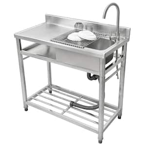 39.3 in. Free Standing Stainless Steel Outdoor Kitchen Sink with Faucet, Strainer and Shelf, Single Bowl Kitchen Sink