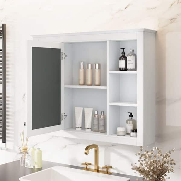 35.03 in. W x 27.5 in. H Rectangular MDF Medicine Cabinet in White with Mirror and 6-Open Shelves