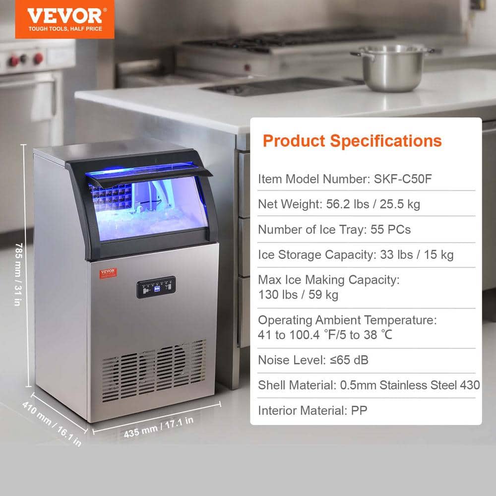 VEVOR Silver Stainless Steel Commercial Ice Maker with LED Display