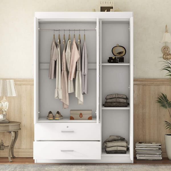 White Plywood 41.3 in. Wardrobe with 3-Door Mirror and Shelves