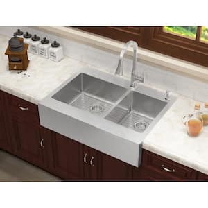 Retrofit Drop-In Stainless Steel 33 in. 2-Hole 60/40 Double Bowl Flat Farmhouse Apron Front Kitchen Sink