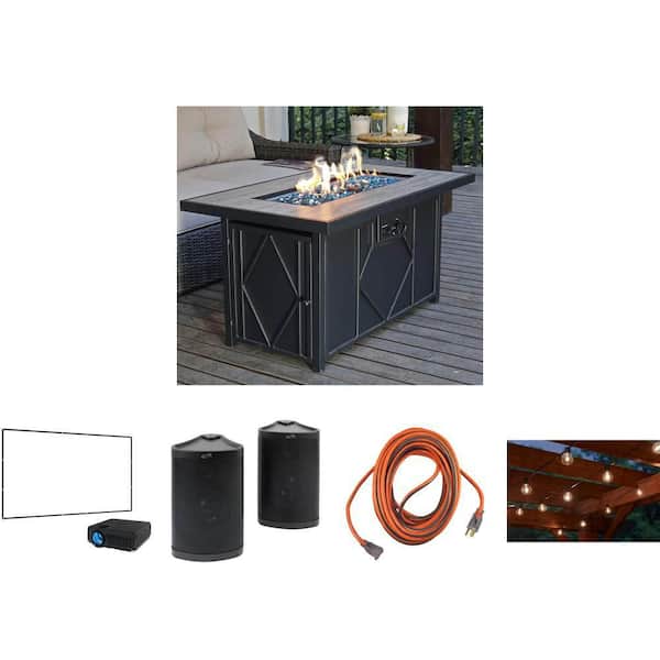 Patio Bluetooth Speakers, 42 in. 60,000 BTU Fire Pit, 50 ft. Extension Cord, 25 ft. String Light and Projector Combo