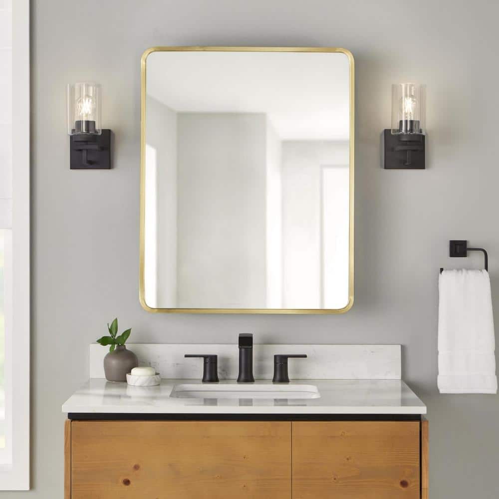24 in. W x 30 in. H Rounded Corner Rectangular Brushed Gold Medicine Cabinet with Mirror price history on PriceWatchPro