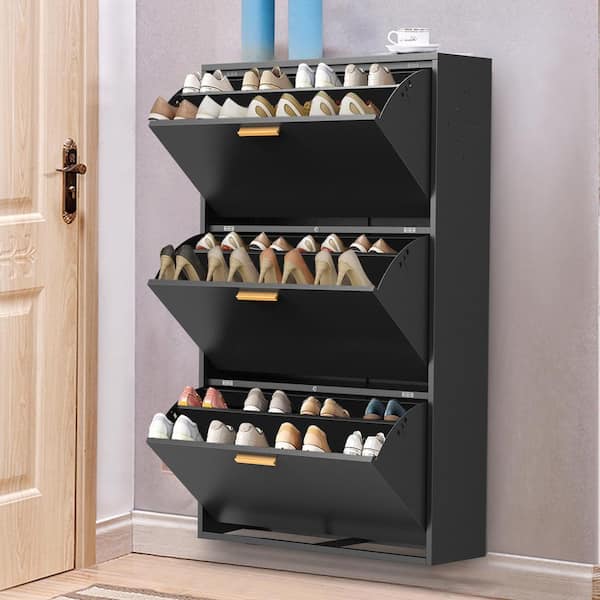 48 in. H x 26 in. W Black Steel 3-Drawers Shoe Storage Cabinet Freestanding Shoe Rack Storage Organizer with Flip Door