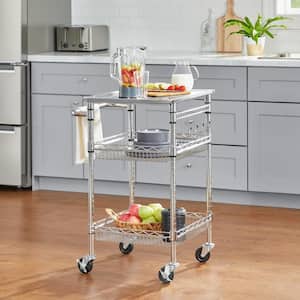 Gatefield Small Chrome Rolling Kitchen Cart with Stainless Steel Top and Storage Shelves (24" W)