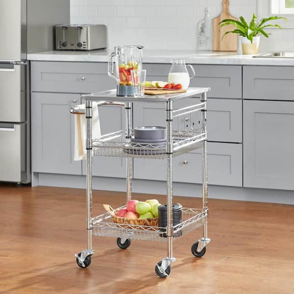 StyleWell Gatefield Small Chrome with Stainless Top Rolling Kitchen Cart with Storage Shelves (24" W)