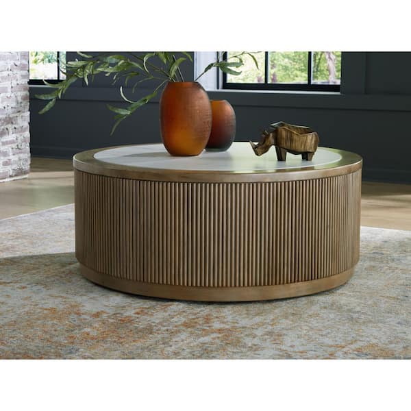 Camdill 42 in. Light Brown/White Round Faux Marble Coffee Table with Casters