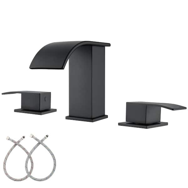 Unbranded 8 in. Widespread Double Handle Waterfall Spout Bathroom Vessel Sink Faucet with Supply Lines in Matte Black