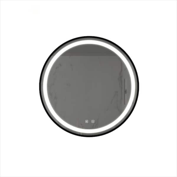 Unbranded Black and Silver 24 in. W x 24 in. H Round Wall Mirror Aluminum Alloy Framed with Dimmable Touch Control and Lighting