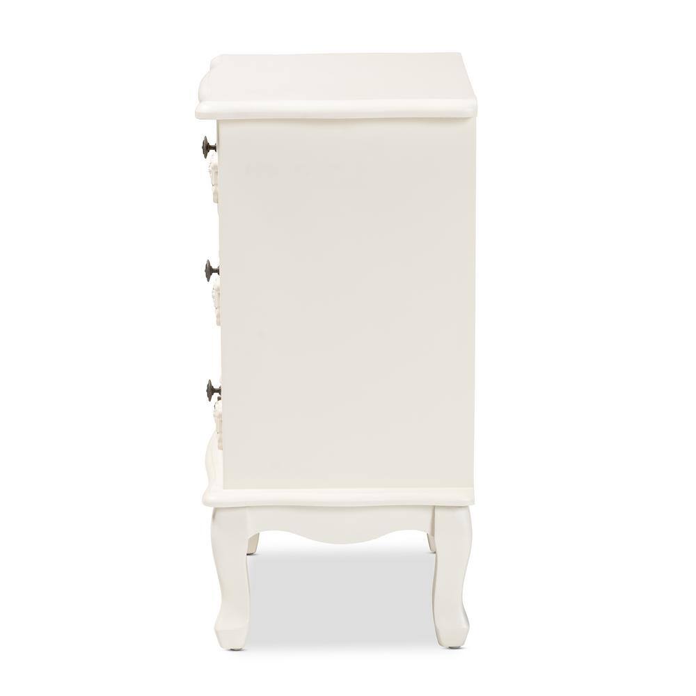 Callen Traditional White 3-Drawer Wood Nightstand with Floral Moldings