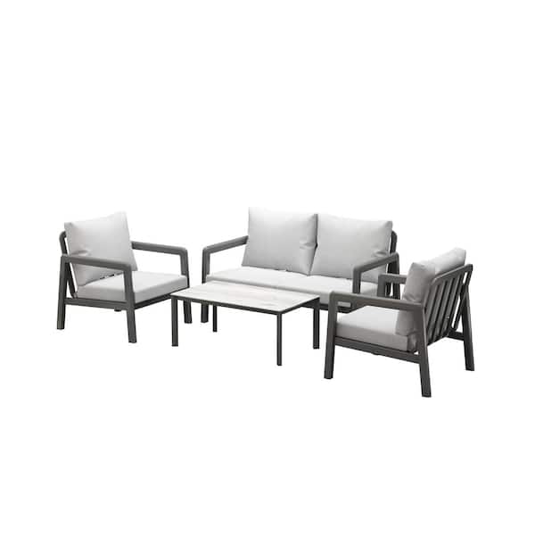 Velago Boston Dark Gray 4-Piece Aluminum Outdoor Sectional Set with Light Gray Cushions