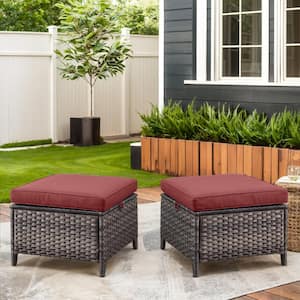 Gray Wicker Outdoor Ottoman with Red Cushions (2-Pack)