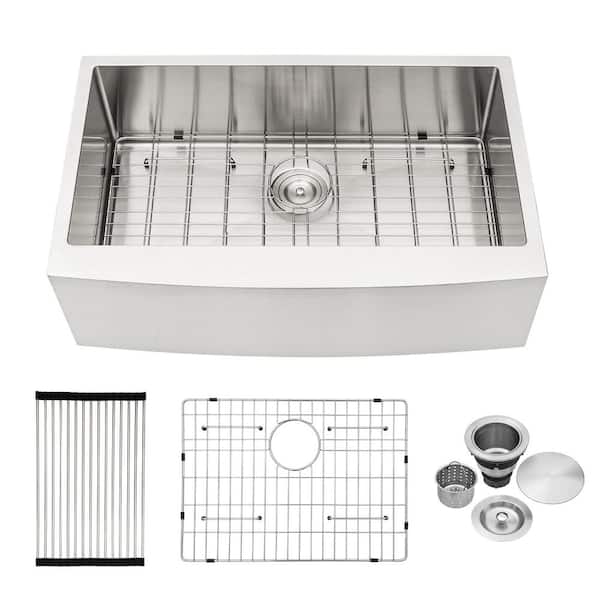 EPOWP 30 in Farmhouse/Apron-Front Single Bowl 16 Gauge Brushed Nickel Stainless Steel Kitchen Sink with Bottom Grid