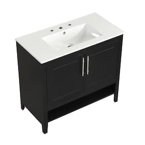 36 in. W x 18 in. D x 34 in. H Single Sink Freestanding Bath Vanity in Black with White Ceramic Top