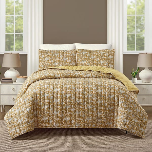 Sketched Floral 3-Piece Gold Block Print Cotton Voile King Quilt Set