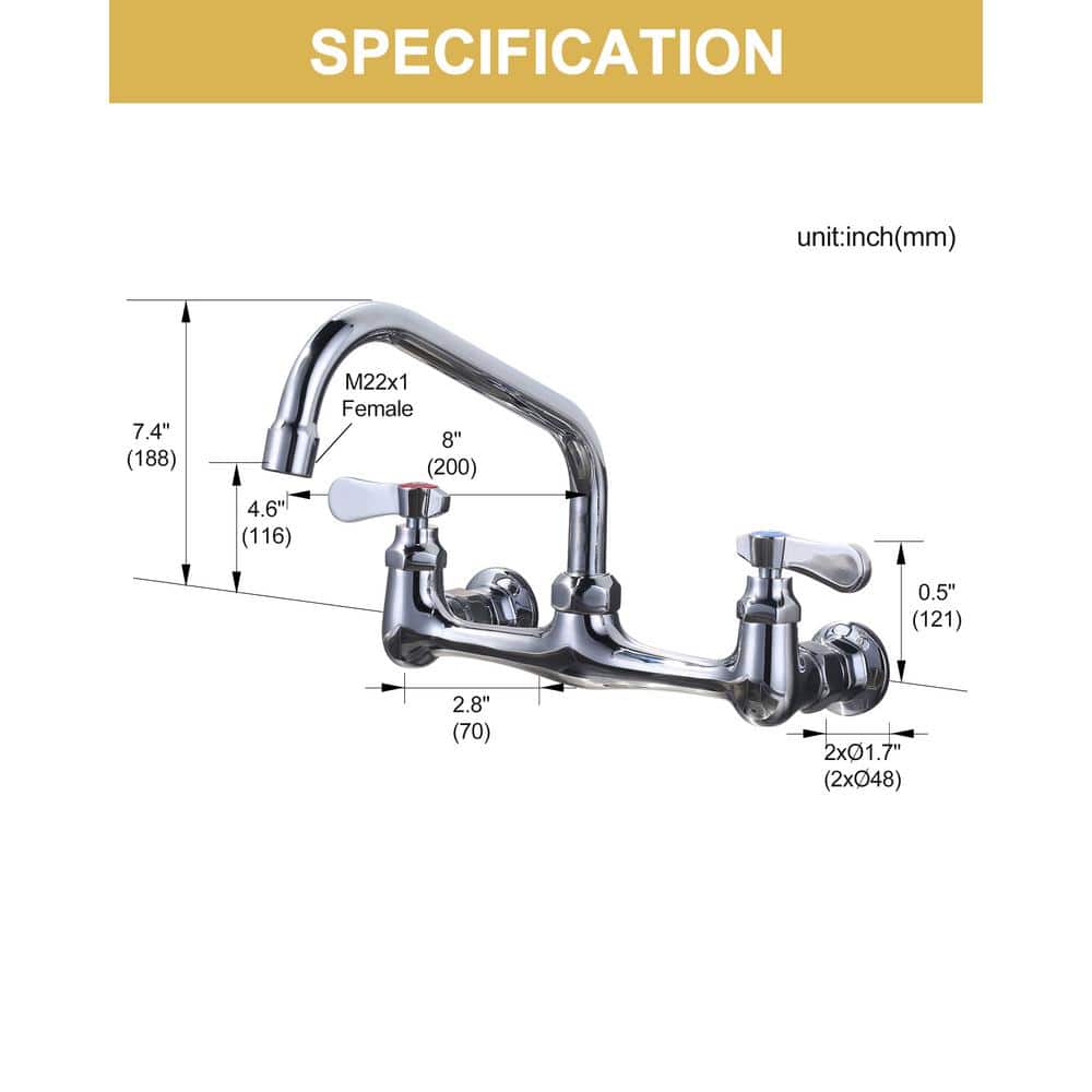 Polished Chrome Dual Handle Wall-Mount Kitchen Faucet