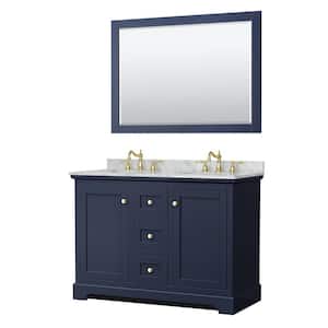 Avery 48 in. W x 22 in. D Double Vanity in Dark Blue with Marble Vanity Top in Carrara with Oval Basins and Mirror