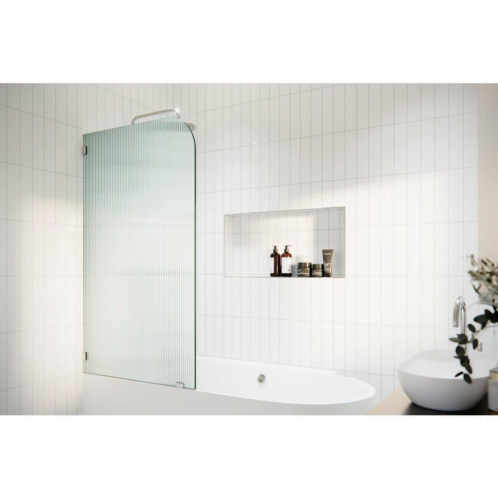Aurora 34 in. x 58.25 in. Frameless Fluted Glass Bath Panel with Brass Hardware